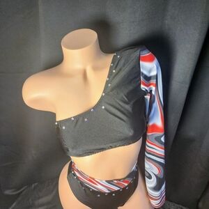 One-Shoulder Black and Red Swirl Top